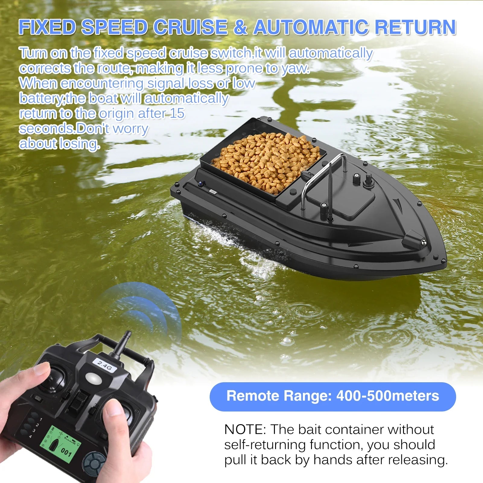 Barco de cebo de pesca GPS con control remoto inalámbrico, distancia de hasta 500m, 2kg de peso máximo y retorno automático